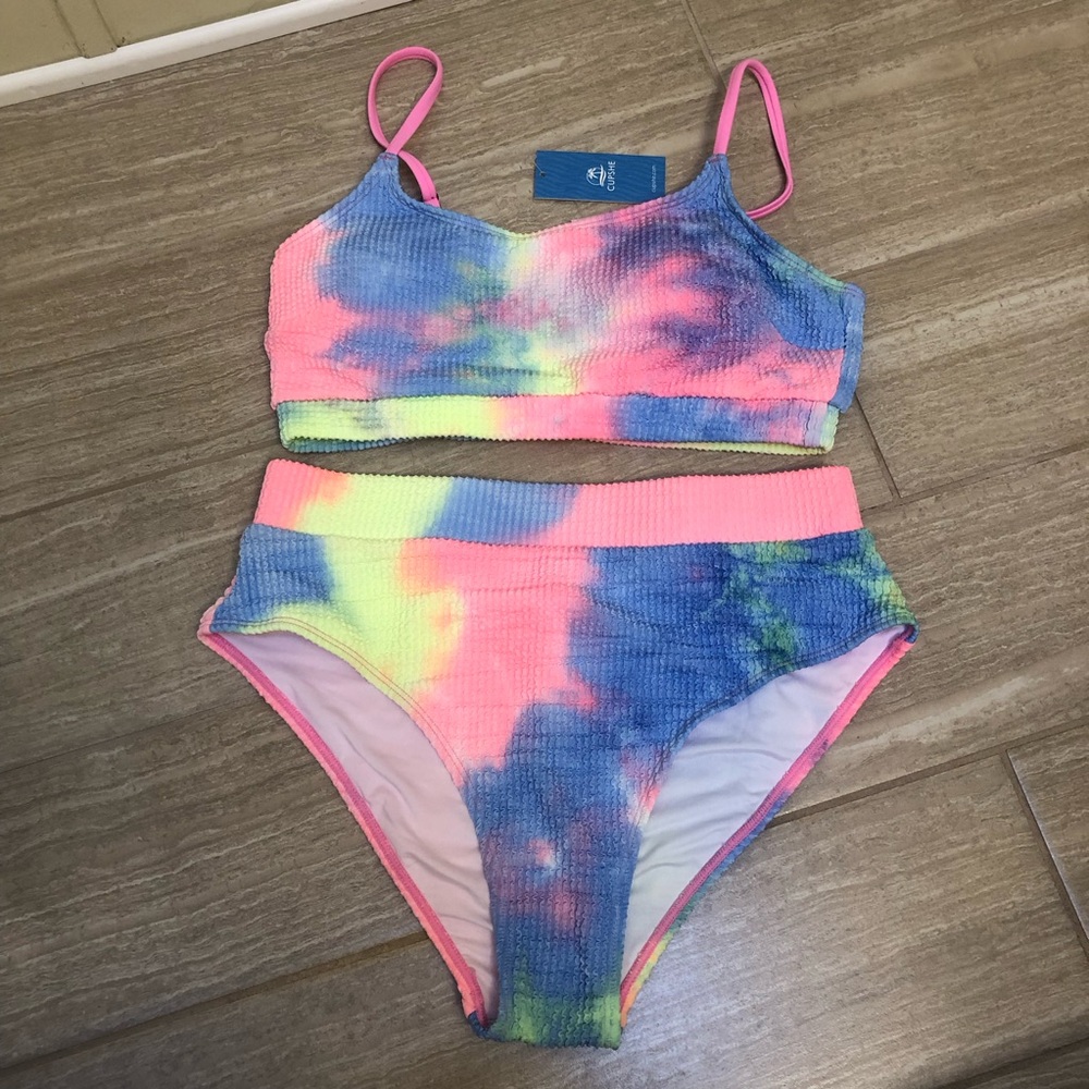 NWT Cupshe Tie-Dye High Waist Bikini Set with Pink adjustable Straps size M